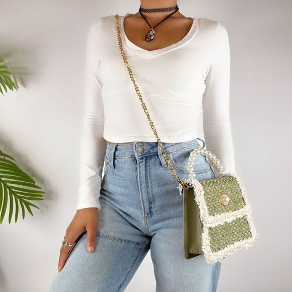 Vintage Y2K Green Preppy Pearl Tweed Small Girly Handbag Crossbody Purse - Picture 6 of 6